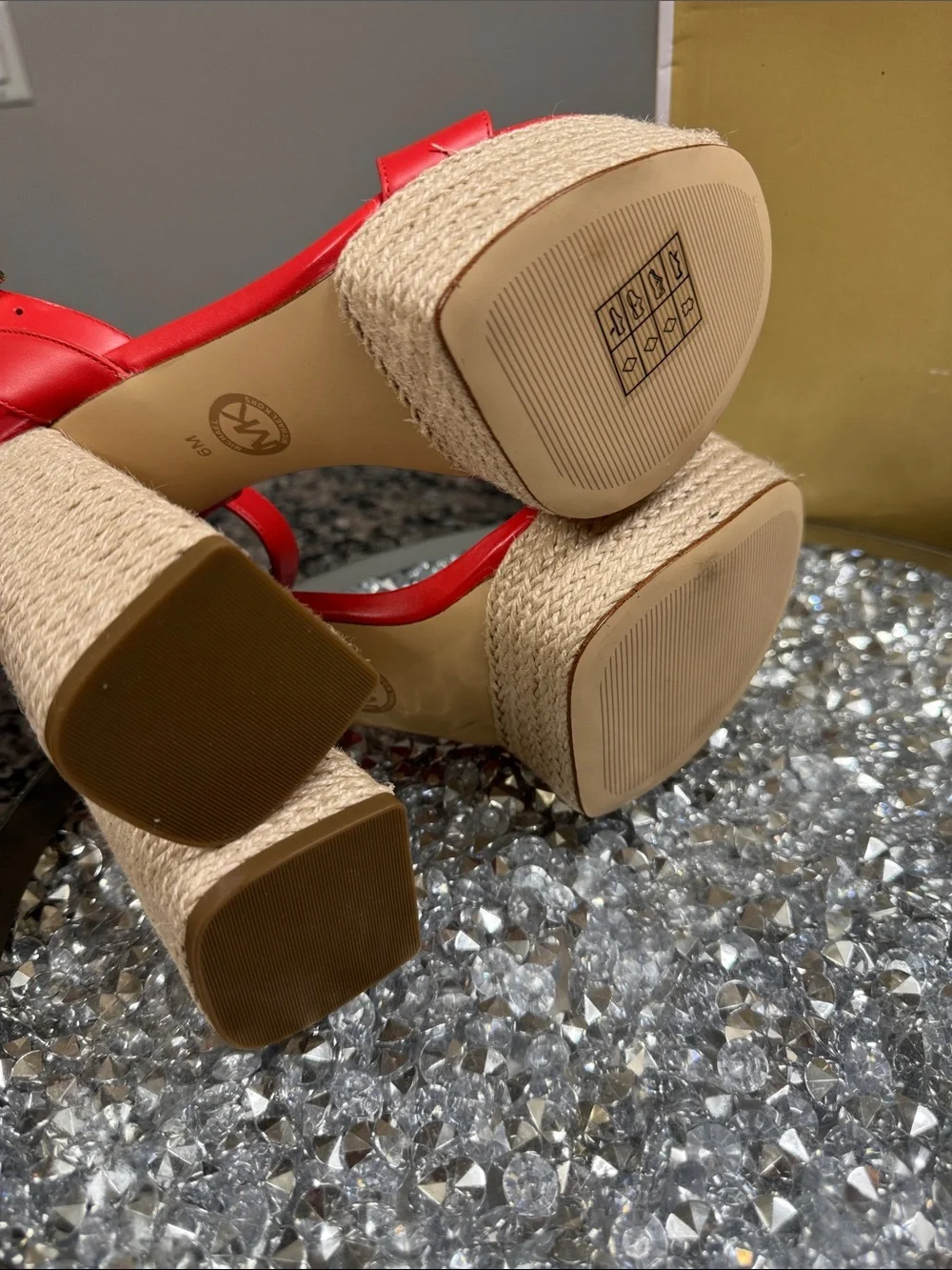 Michael Kors leather coral Red Platform Espadrille Heels with Gold Buckle logo